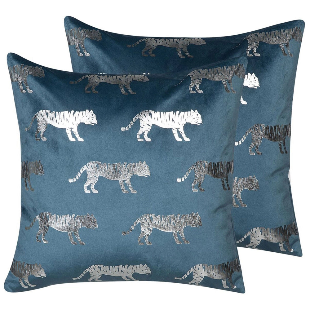 Set di 2 cuscini Decorativi Velluto Blu stampa Animale 45 x 45 cm Motivo Tigre Moderno Glamour Decor Accessori