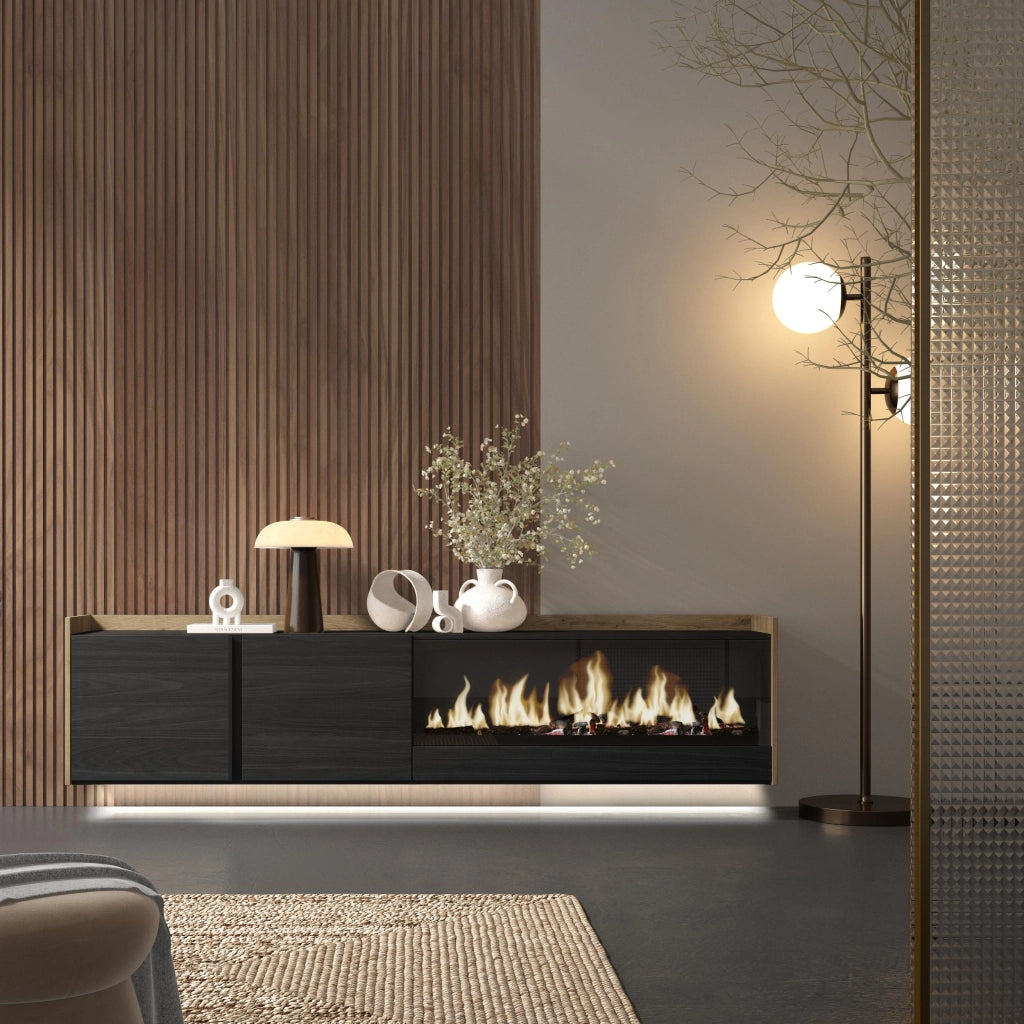 Mobile TV Soggiorno, 212x50x35 cm, Per TV fino a 80", Camino elettrico XXL, Sospeso, da appendere, LED, Nero e rovere