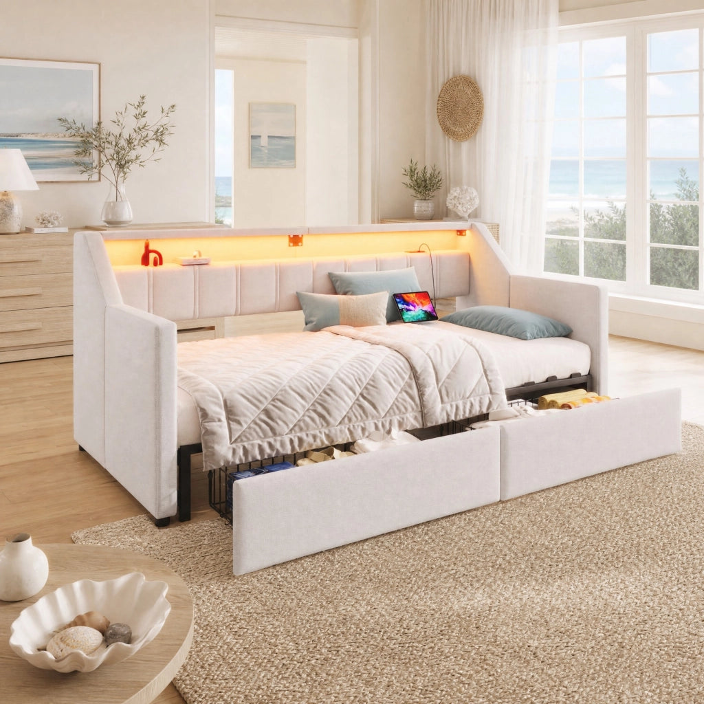 Letto singolo estraibile 90x200 cm con LED, USB e Type-C