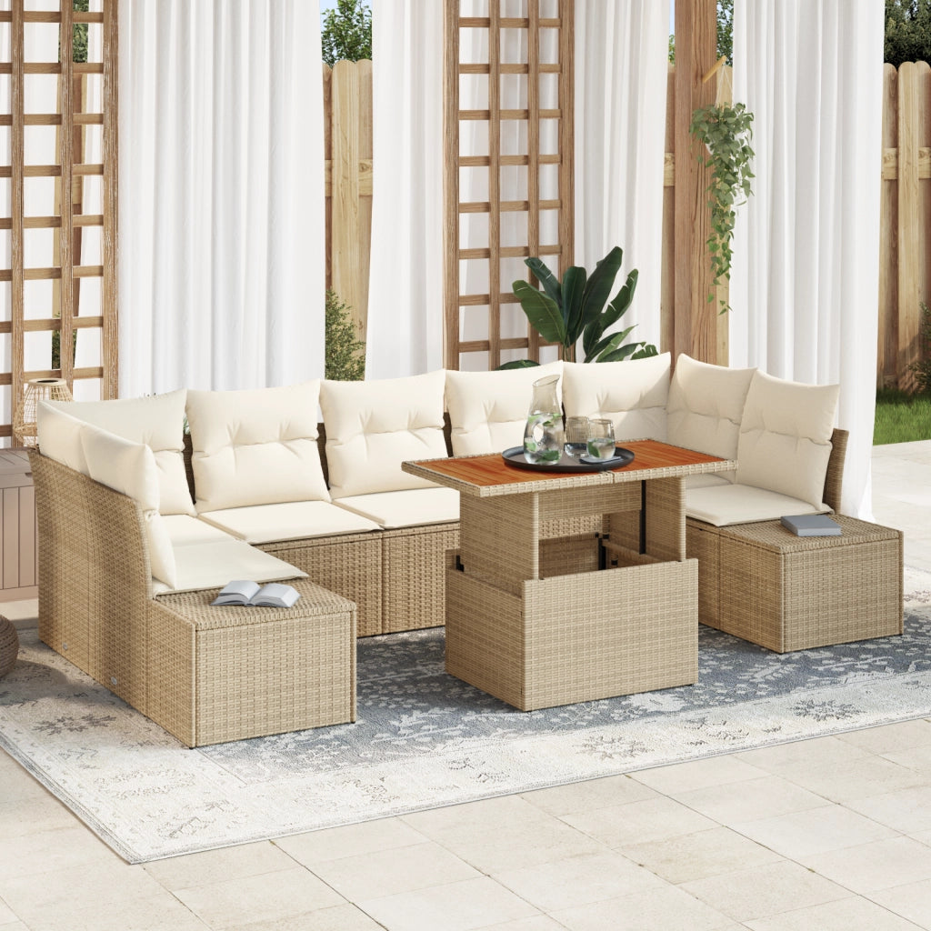 Set Divano da Giardino 8 Pezzi con Cuscini Beige in Poly Rattan