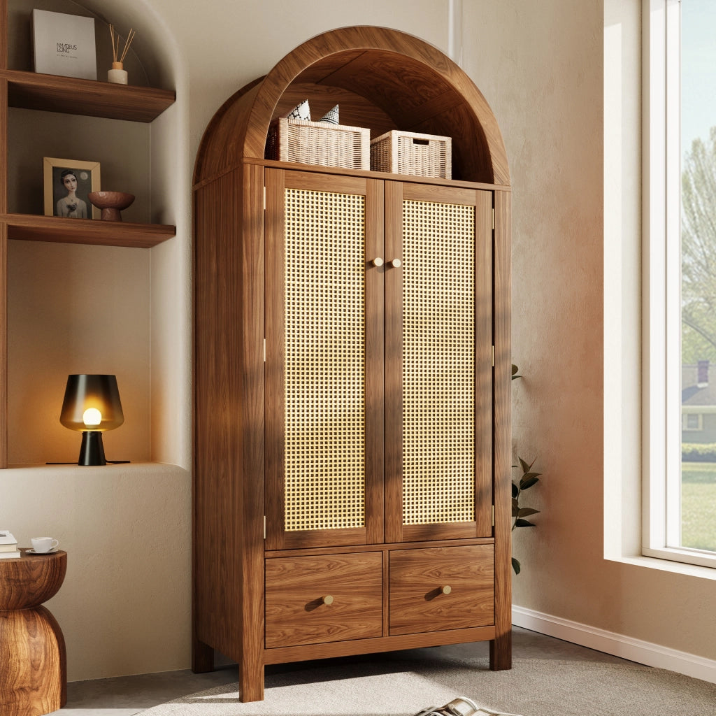 Armadio con anta ad arco, effetto noce, inserti in rattan, 2 cassetti e asta appendiabiti