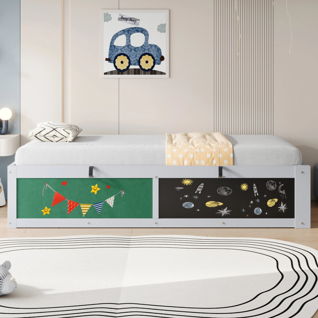 Letto per bambini 90x200 cm con contenitore idraulico; lavagna e spazio libri in legno grigio