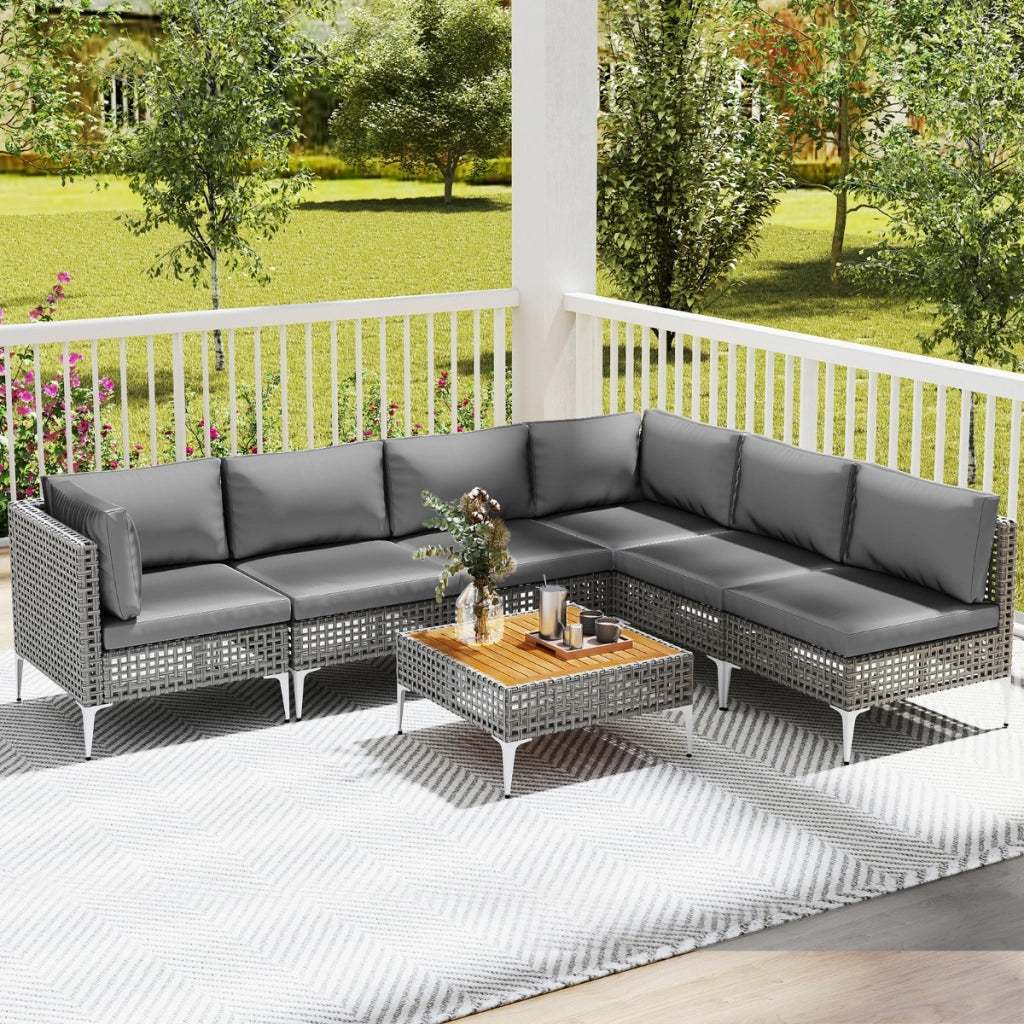 Set di mobili da giardino con divano sezionale in vimini e tavolino in legno di acacia, Set da conversazione in rattan Grigio-Set mobili da esterno