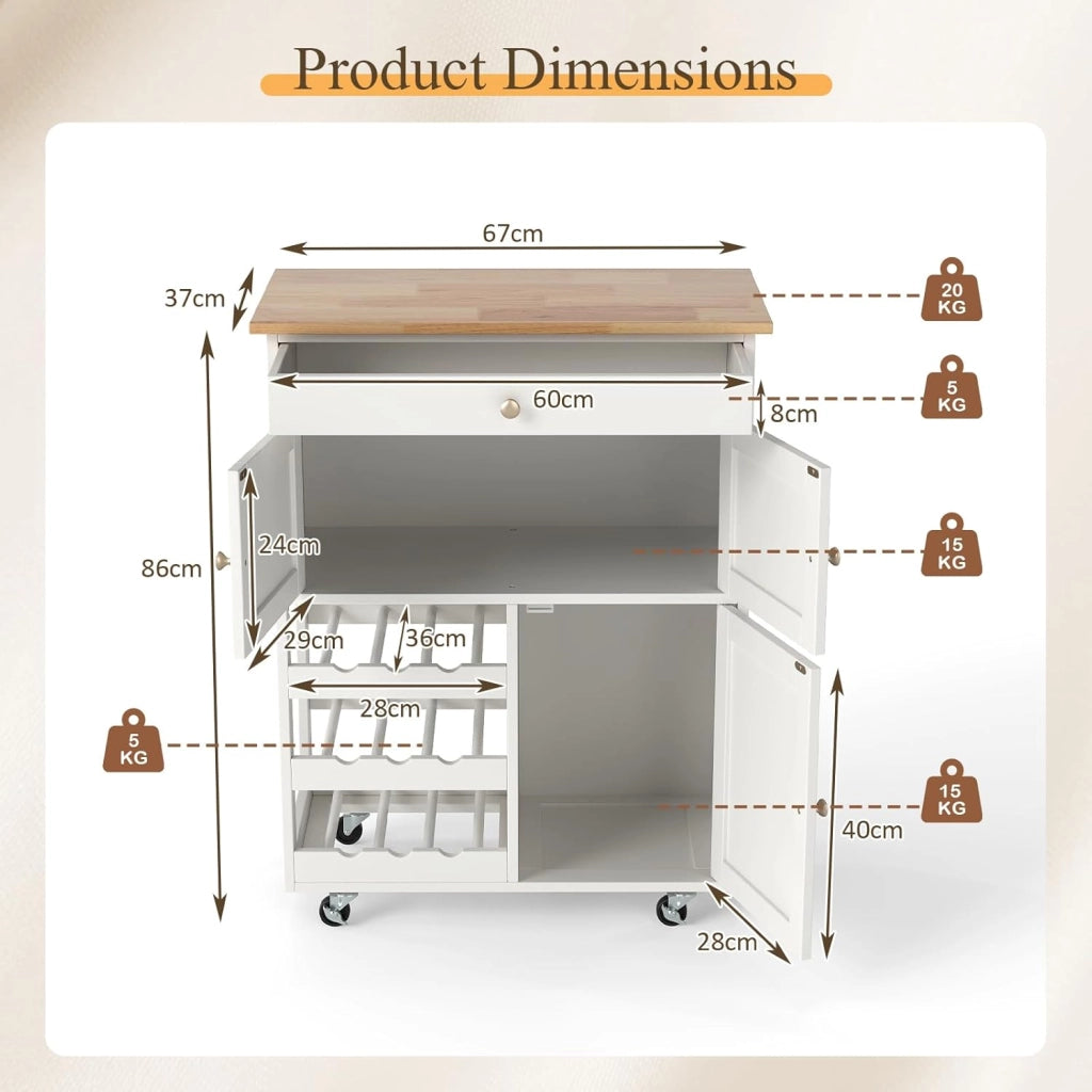 Carrello da Cucina Interno e Esterno, 1 Cassetto + 3 Ante + 3 Porta Vino, Credenza Mobile con 2 Ruote Bloccabili, Salvaspazio, Portata di 30 kg, 67x37x86 cm, 2 Colori (Bianco)