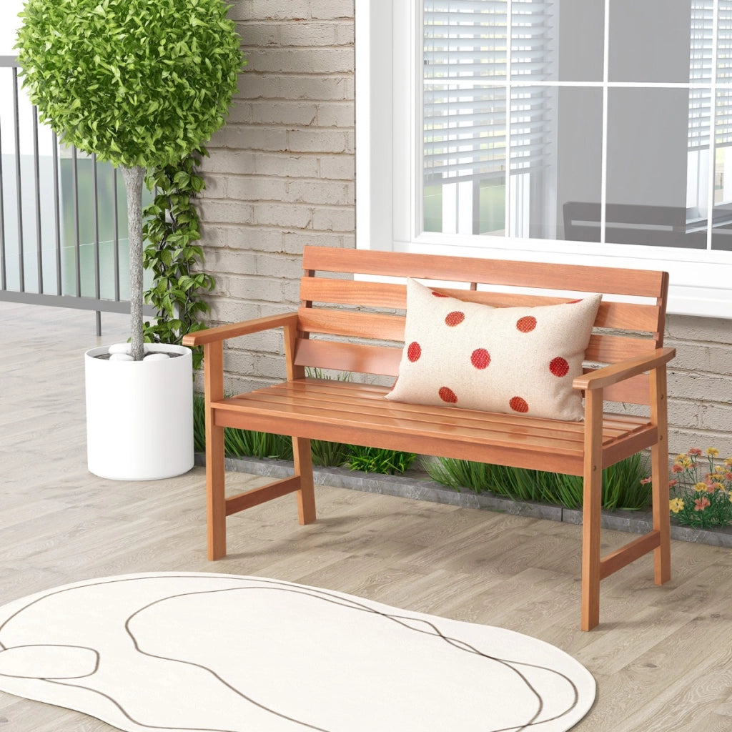 Panchina in legno per esterno con sedile a doghe traspirante e schienale inclinato, Panchina a 2 posti da giardino-Panchine