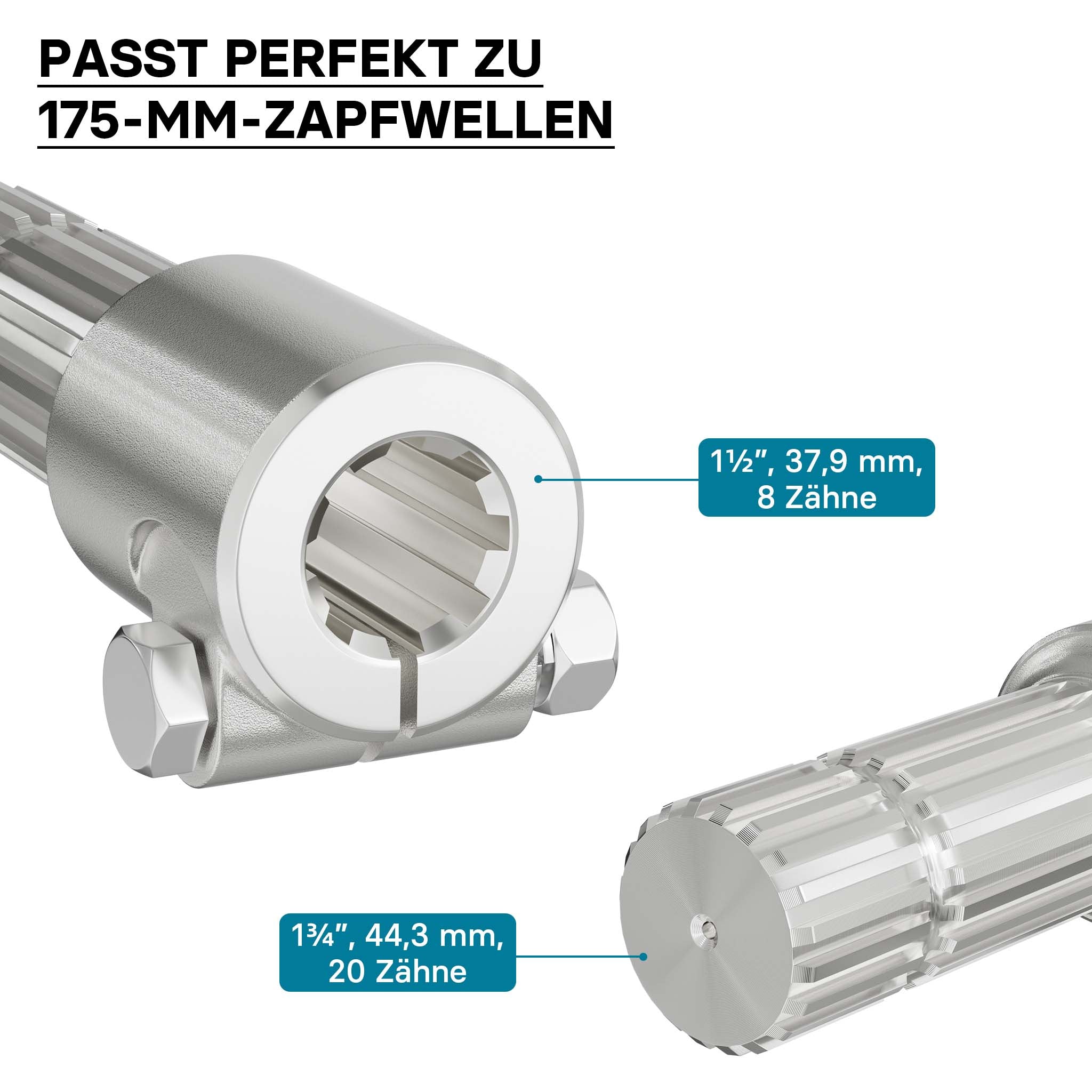 Boccola albero cardanico 175mm Attacco albero scanalato 8-32x38x6 per albero uscita 1 3/4" 20 denti