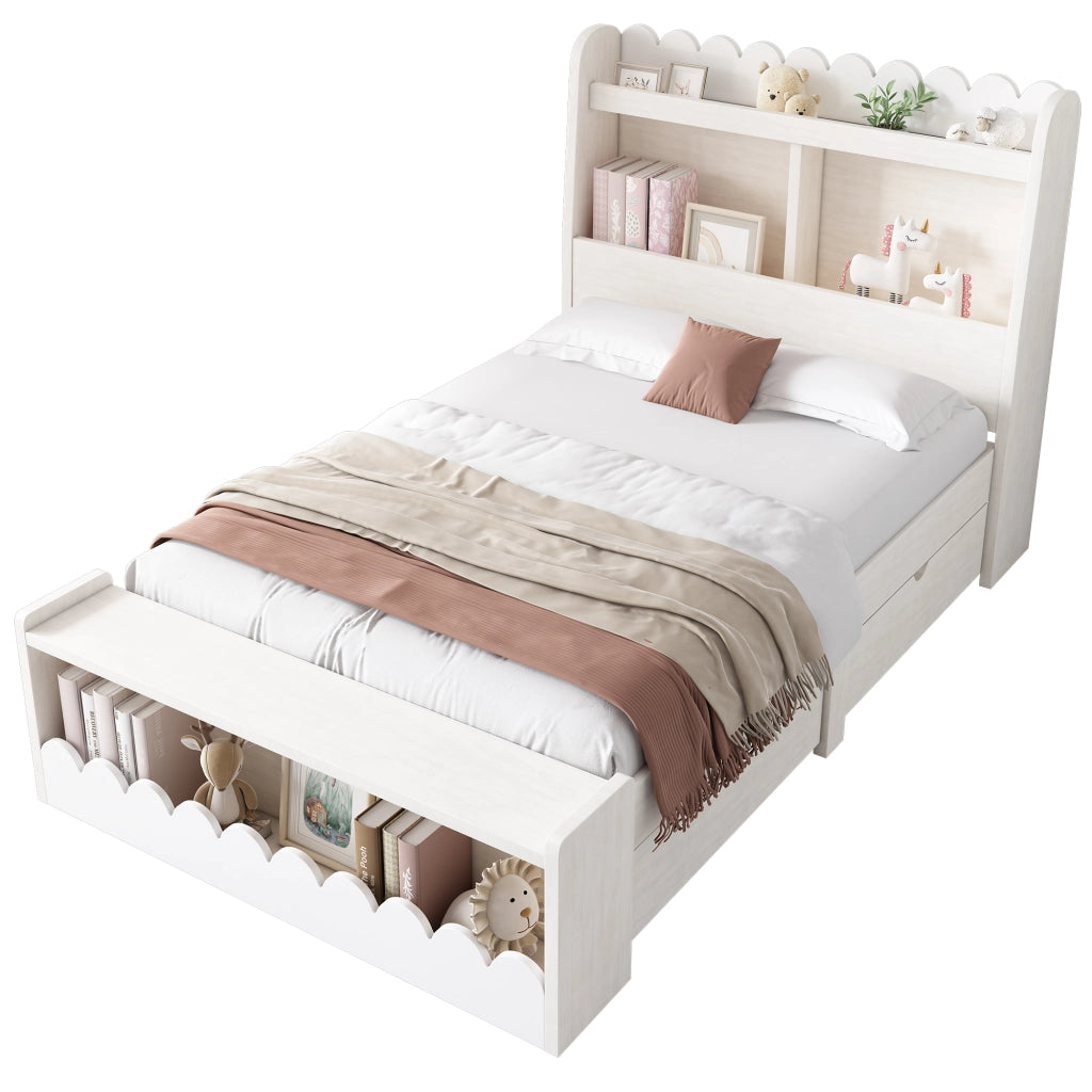 Letto con Cassetti 90x200 cm; Letto Singolo - 2 Cassetti; Mensole e Panca Contenitore