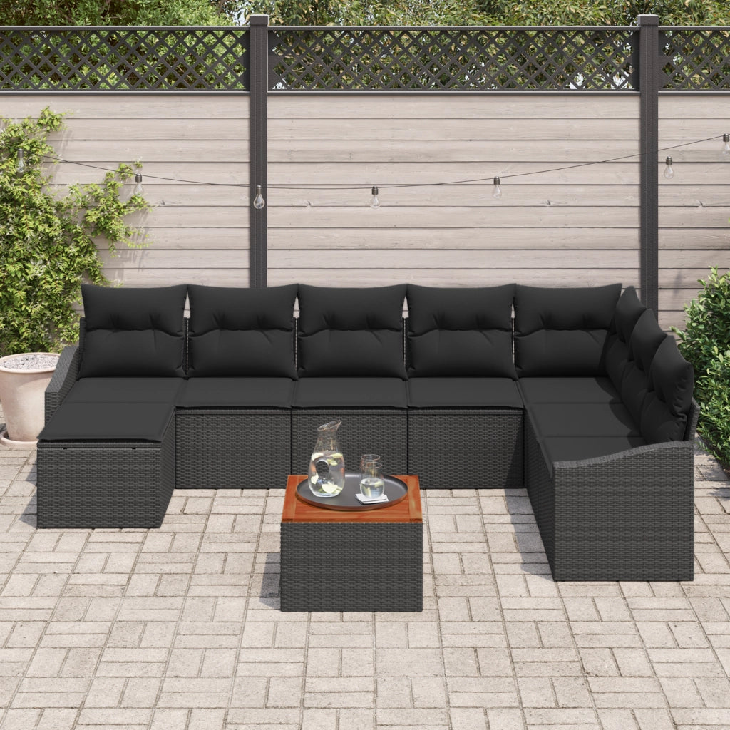 Set da giardino da 9 pezzi con cuscini neri in rattan polimerico e acacia