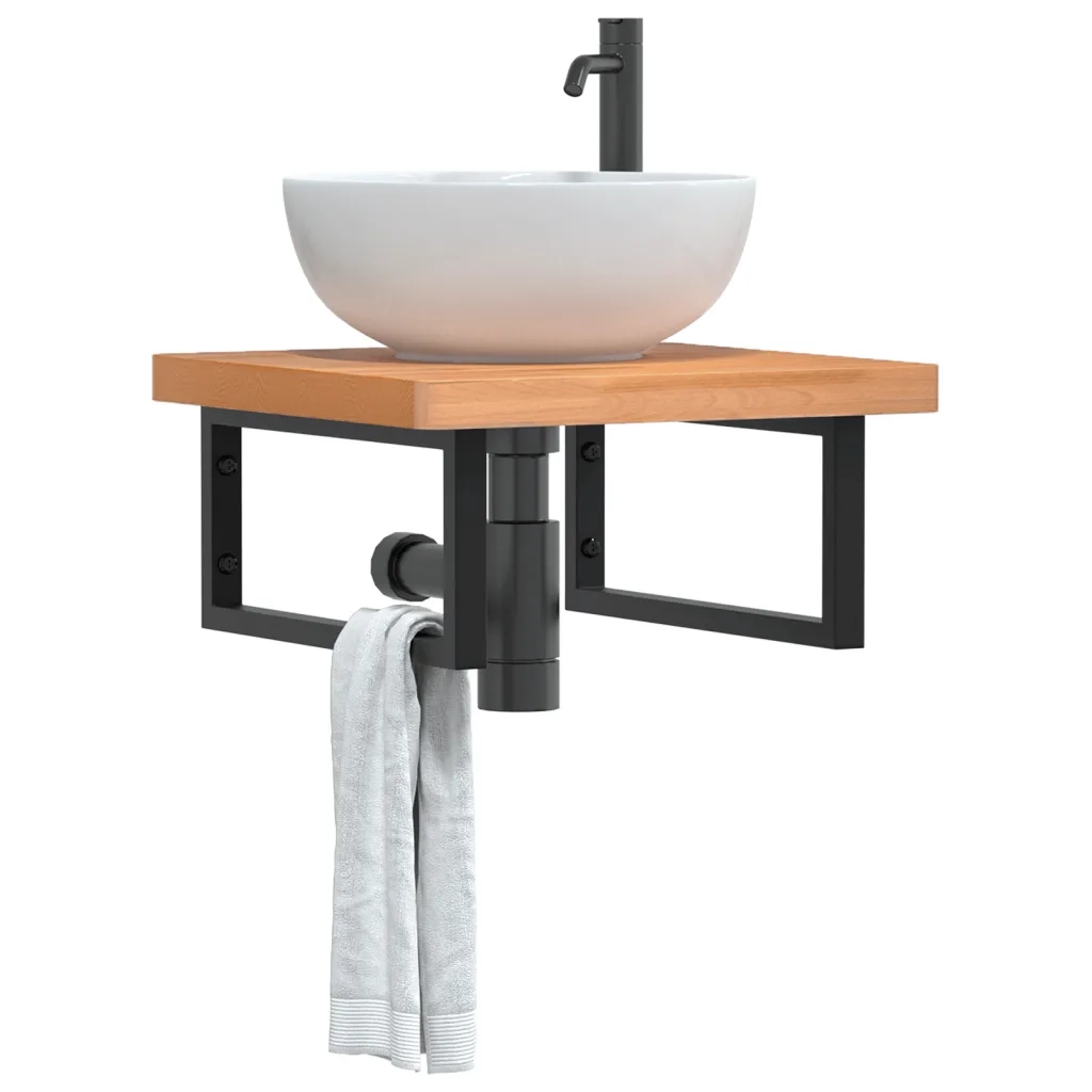 Ripiano a Parete per Lavabo-Mensole a Muro in Acciaio e Massello di Faggio 746985