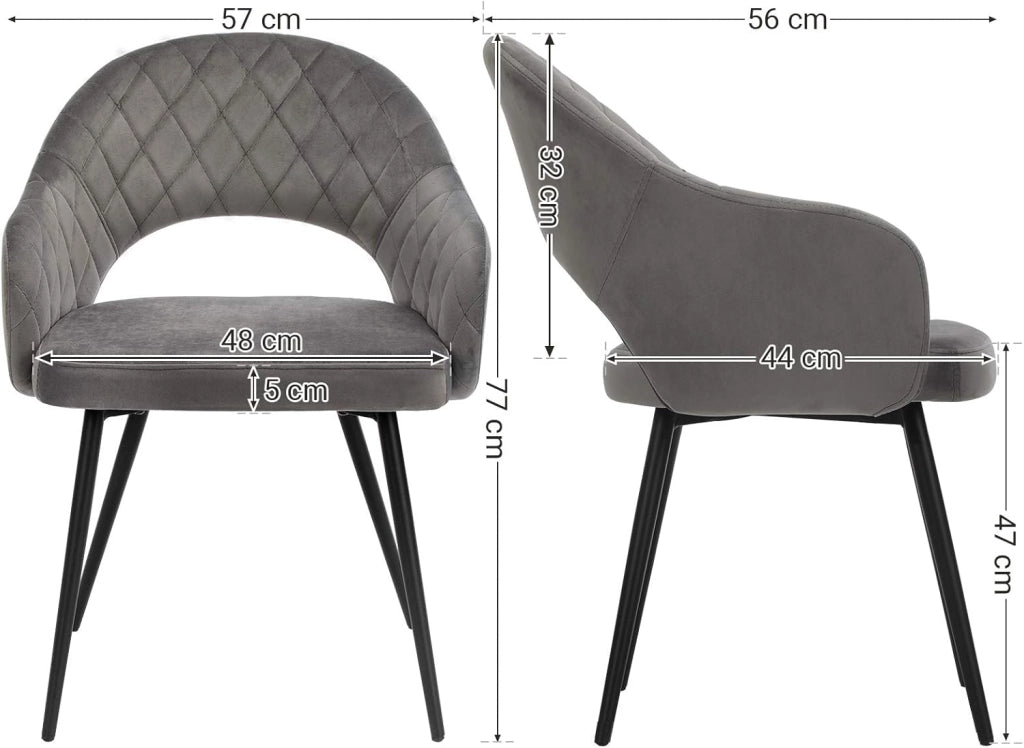 SONGMICS Set di 2 Sedia da Pranzo in Velluto, Sedia da Cucina Imbottita Moderna, con Braccioli, Schienale, Gambe Metalliche, Design Elegante, per Sala da Pranzo, Soggiorno, Grigio LDC82GY02