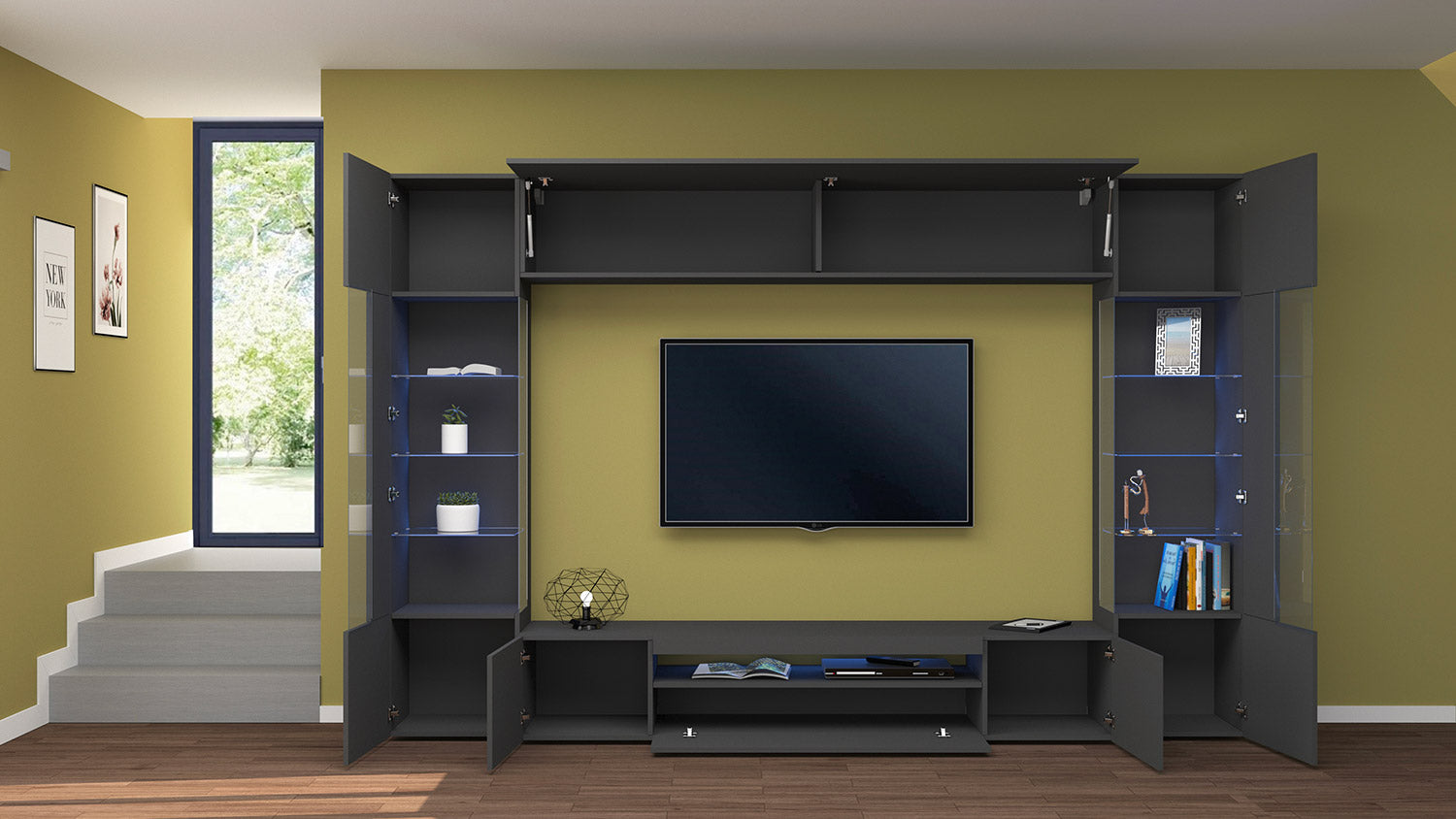 Parete Attrezzata Soggiorno 200x40x35 cm Egypt Grigio Antracite Opaco