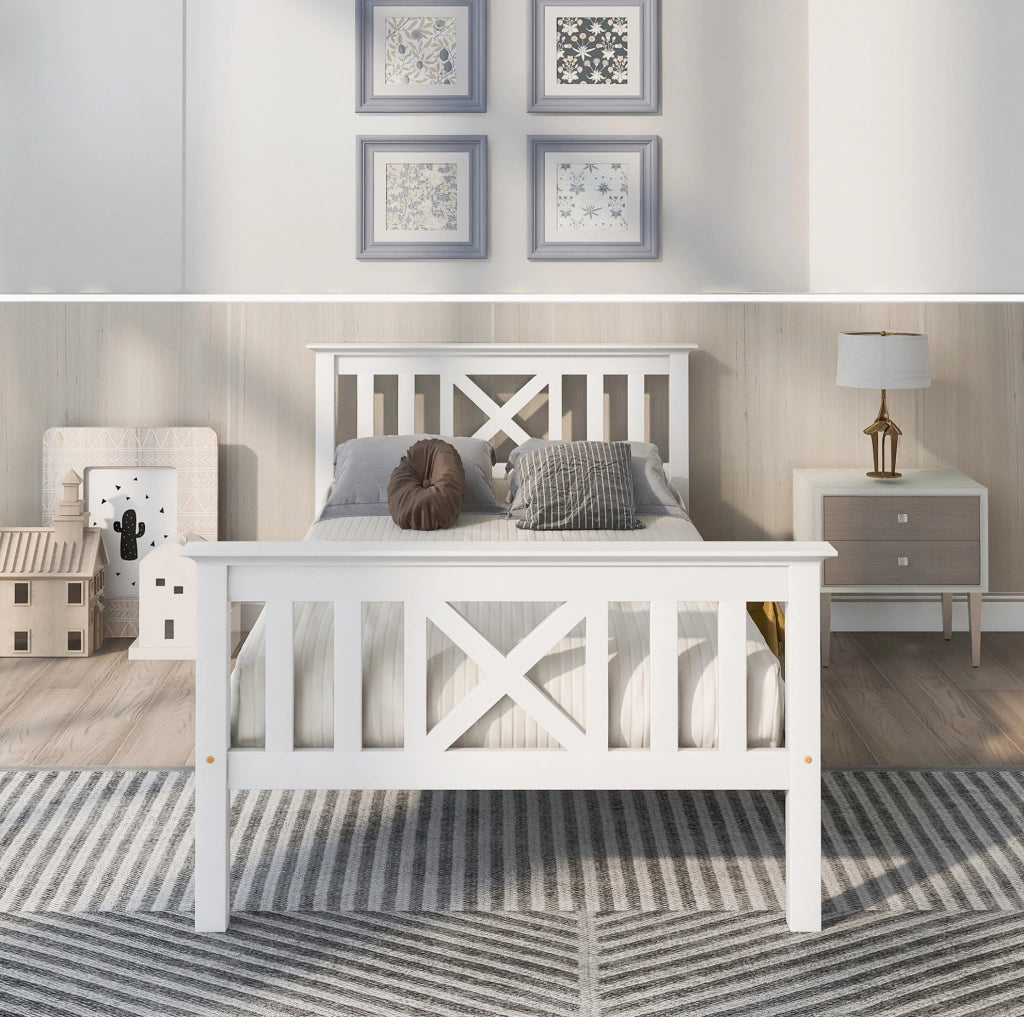 Letto singolo 90x200 cm in legno massello e MDF con testiera a X; bianco