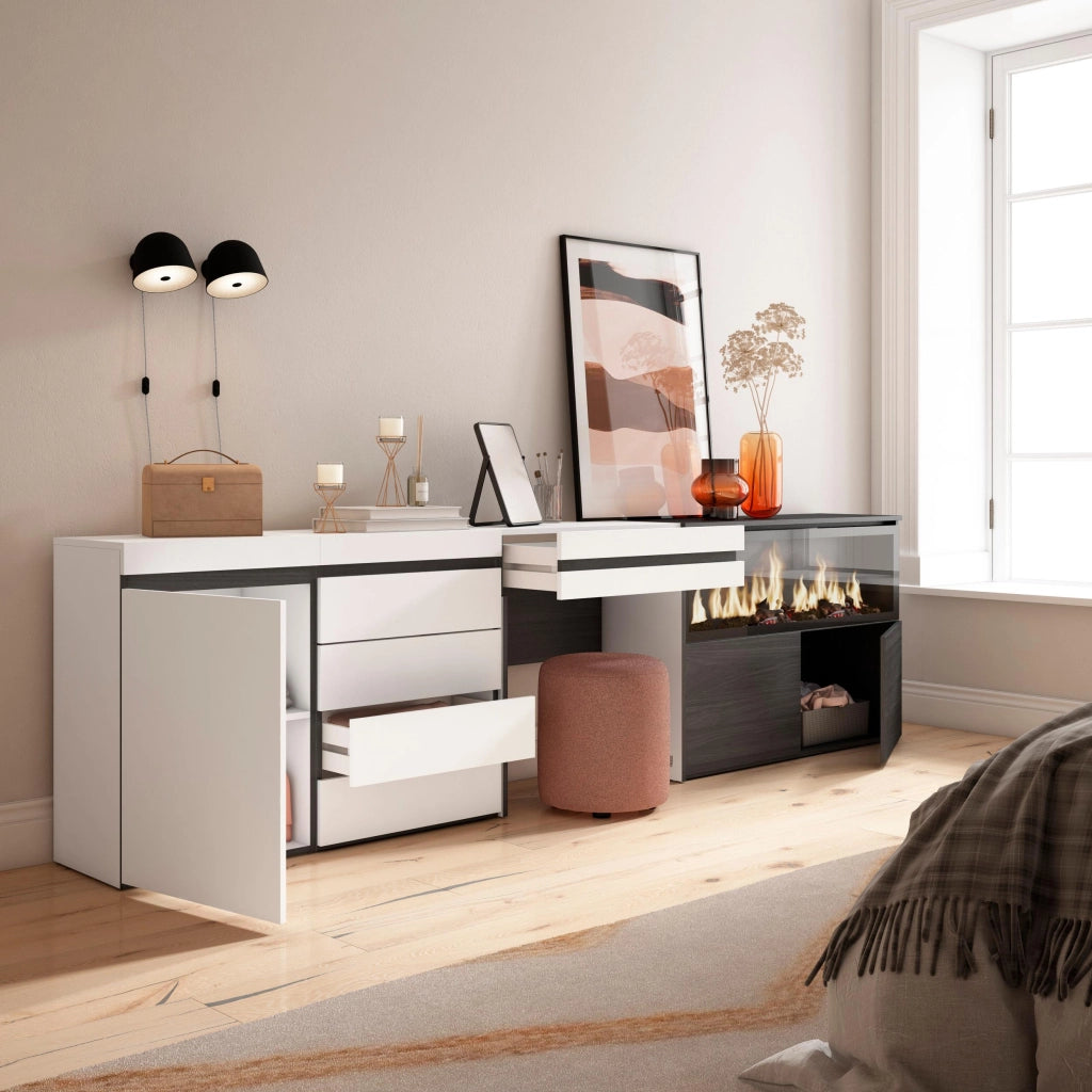 Tavolo da toeletta, 284x35x75cm, Con cassetto, Camino elettrico XXL, Cassettiera, Bianco RF3456