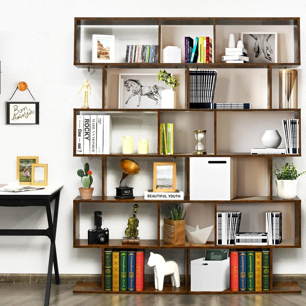 Libreria a Forma di S, Scaffale con 6 ripiani, Libreria in Legno a 6 Livelli, Scaffale per Libri, Libreria Multifunzionale, con Design di Antiribaltamento, 80 x 23 x 191 cm (Marrone)