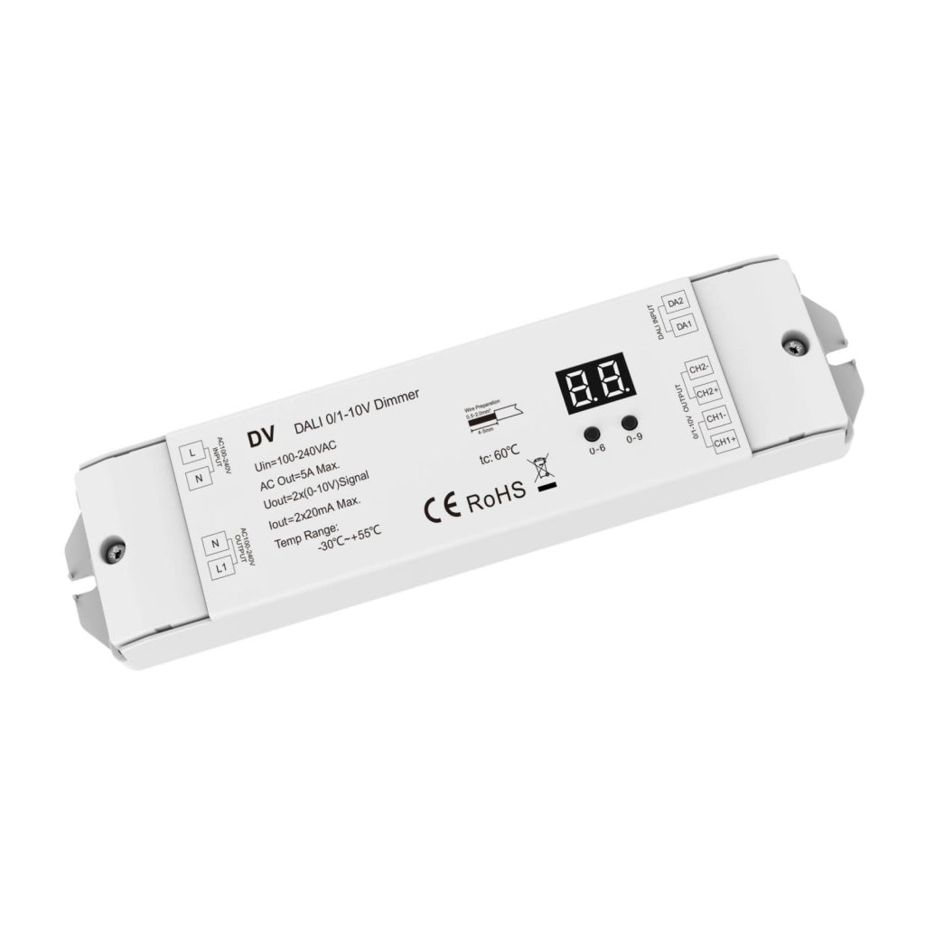 Convertitore DALI a 0-10V 1-10V, 2 Canali con Relè AC Integrato, Display Digitale, Input AC 220V, per Driver 0/1-10V e Luci LED Monocolore