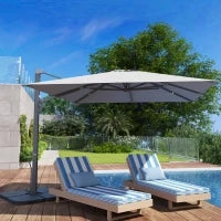 Ombrellone a Sbalzo con Manovella e Base a Croce, in Poliestere, Alluminio e Metallo, 365x297x256 cm, Grigio Chiaro