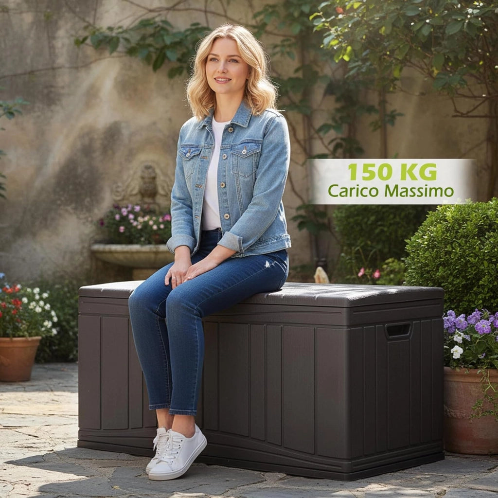 Baule da Esterno 300L Impermeabile in Resina, Cassapanca Contenitore da Esterno con Pistoni a Gas, Predisposizione per Serratura e 2 Maniglie Laterali, Resistente, 114 x 55 x 61 cm (Marrone)