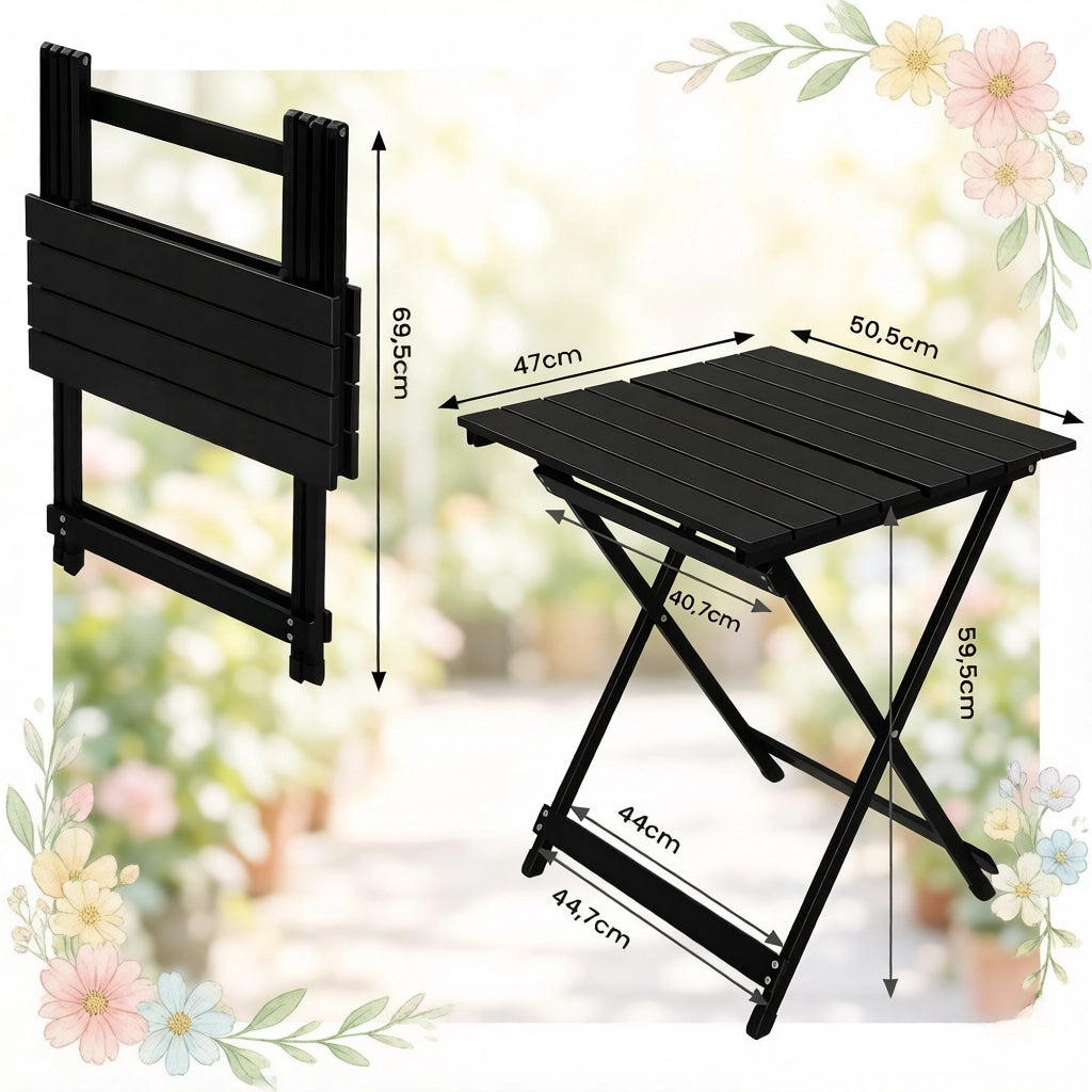 Tavolo da giardino bistrot pieghevole in alluminio con struttura a X per balcone e campeggio nero 50,5 × 47 × 59,5 cm