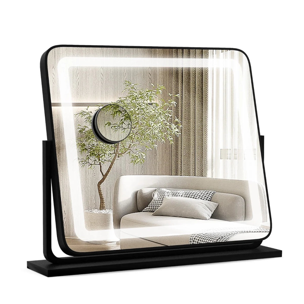 Specchio per il trucco illuminato a LED 56 x 48 x 12 cm ingrandimento 5X rotazione a 360° atmosfera accogliente metallo nero 20_0019254