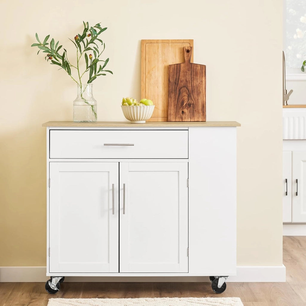 Isola Cucina con Ruote – Carrello Cucina Salvaspazio con Cassetto e Ripiano Regolabile – Mobiletto Cucina con Piano di Lavoro, da Pranzo o per Penisola Cucina, Bianco 99x40x85 cm FKW133-WN
