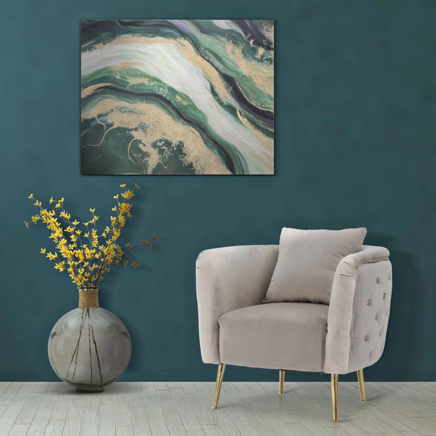 Poltrona in tessuto grigia con gambe dorate cm 76x74x71