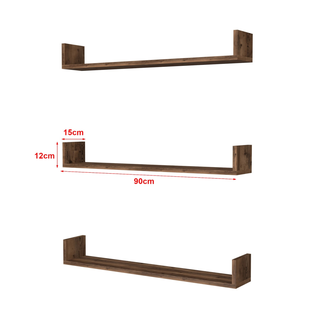 Set 'Höganäs' 3 Mensole da Muro - Consolli Pensili con Piano d'Appoggio a Forma di U - Largo 90 cm - Effetto Rovere Antico [en.casa]