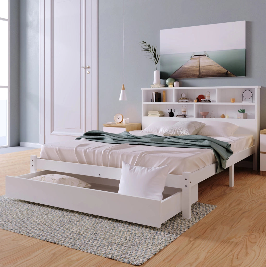 LETTO matrimoniale 140x200 cm bianco in legno con testiera a libreria e cassetti