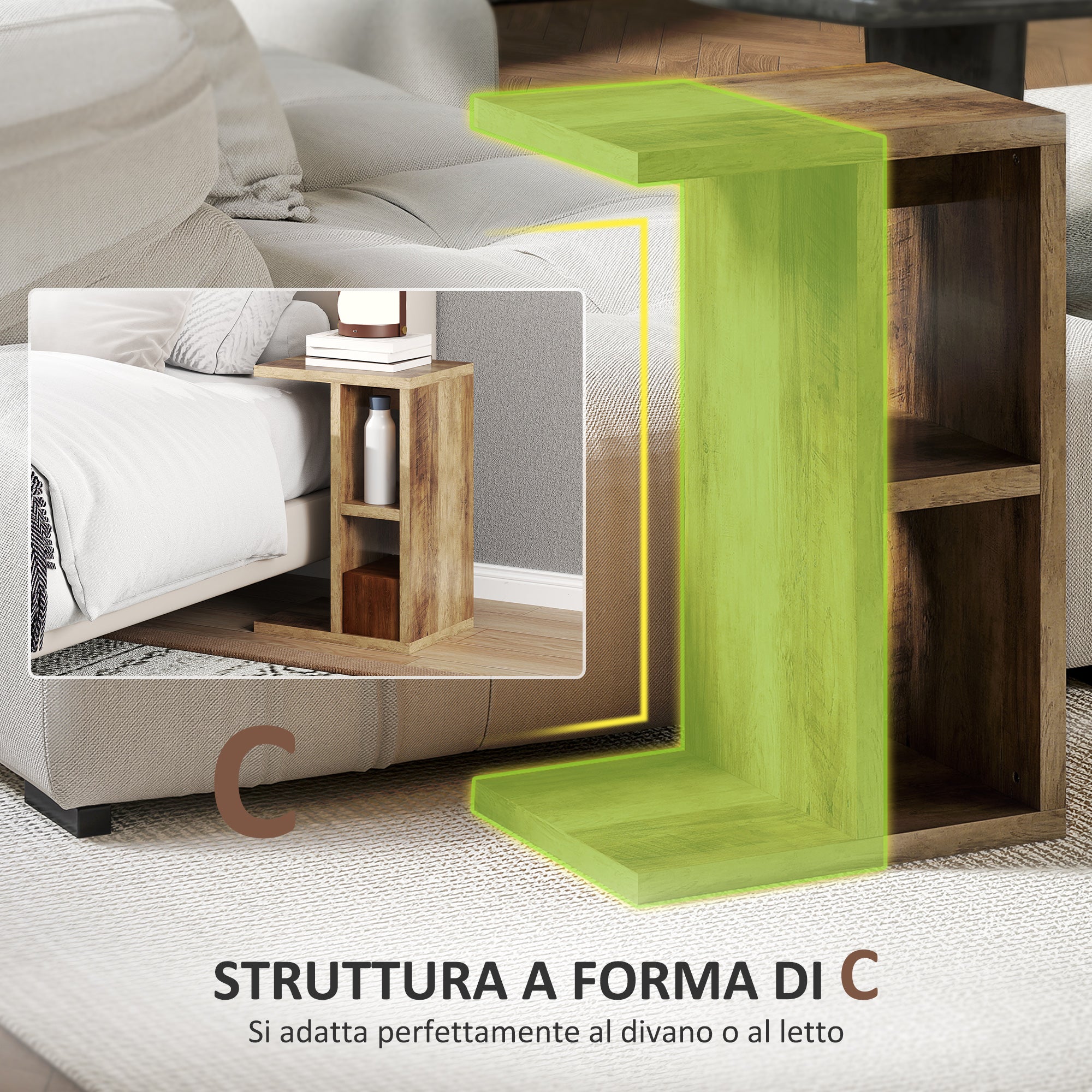 Tavolino da Salotto a Forma di C 40x30x60 cm con 3 Ripiani Marrone