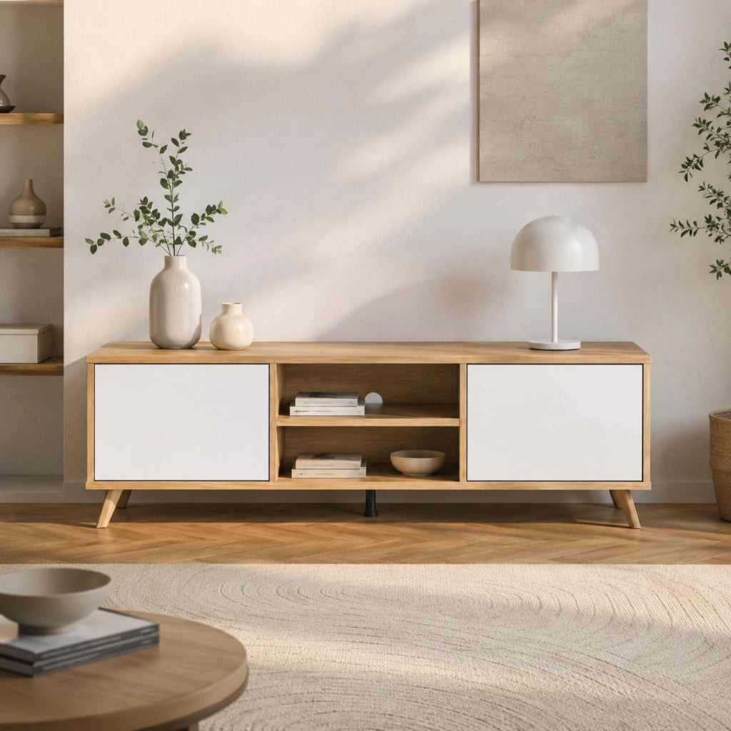 Mobile Porta TV Scandinavo Con 2 Ante Battenti Ripiani Centrali Aperti Gambe Moderne Per Televisori Fino A 75 Pollici Zona Living 180 X 39,6 X 49 Cm Bianco E Rovere