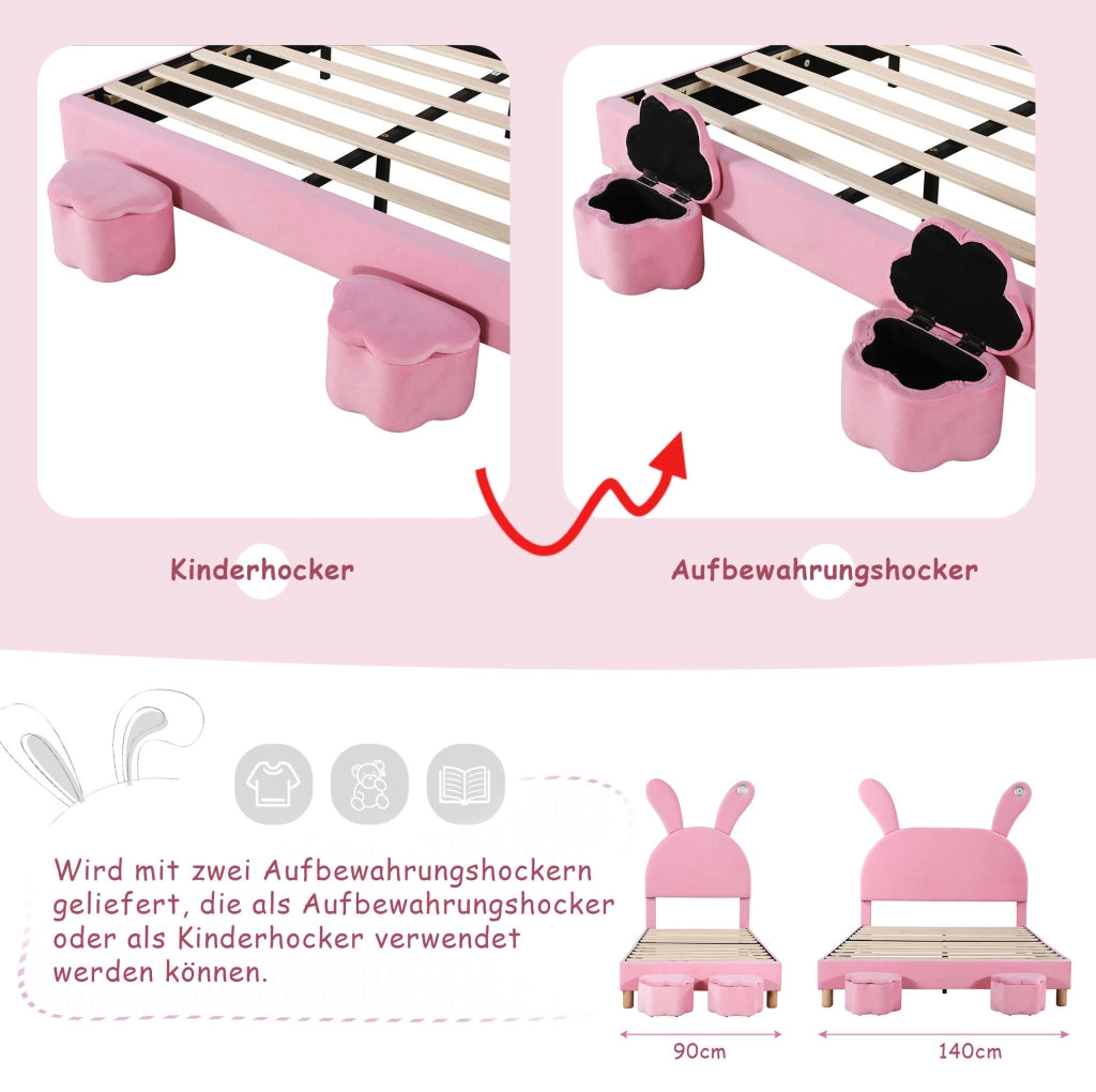 Letto imbottito 90x200 cm con 2 panche contenitore; LED e orecchie pieghevoli; velluto rosa