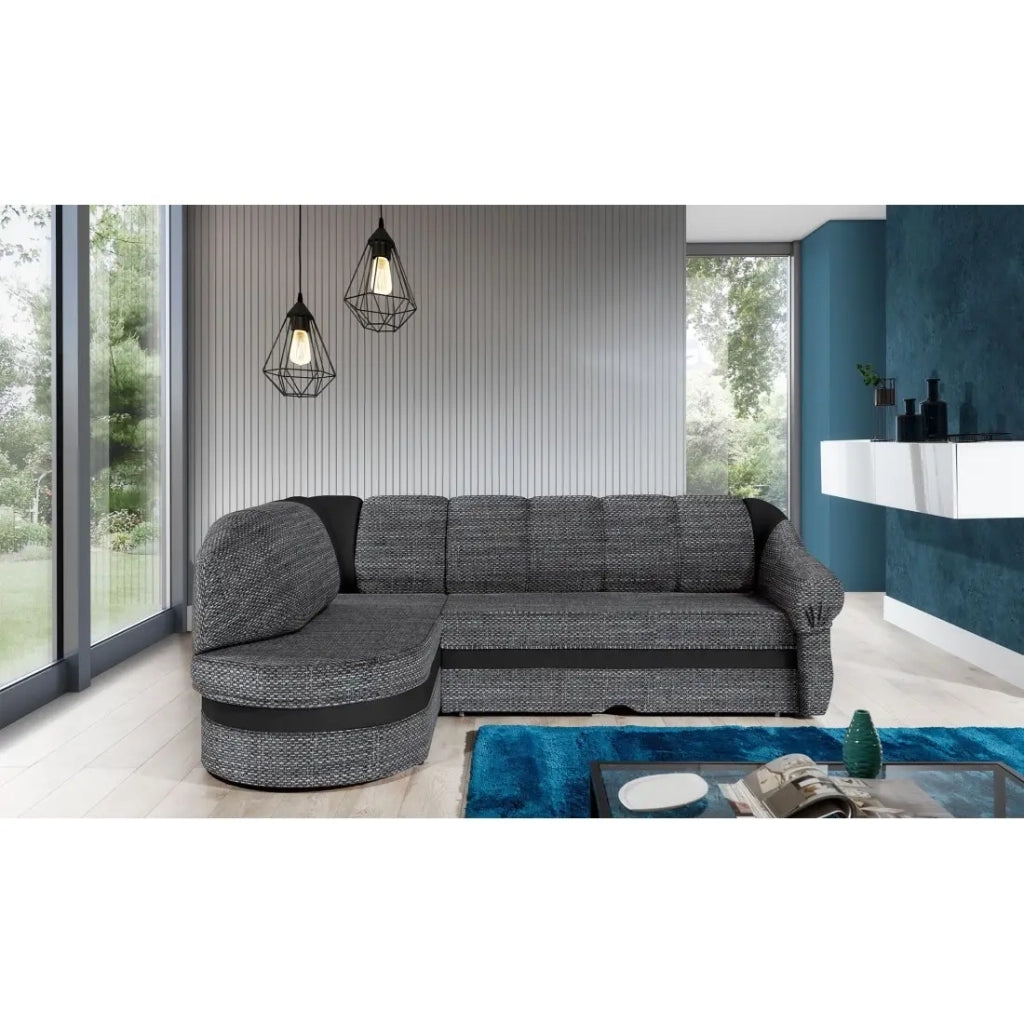 Divano angolare sinistro convertibile BENANA 250 cm grigio e nero con contenitore