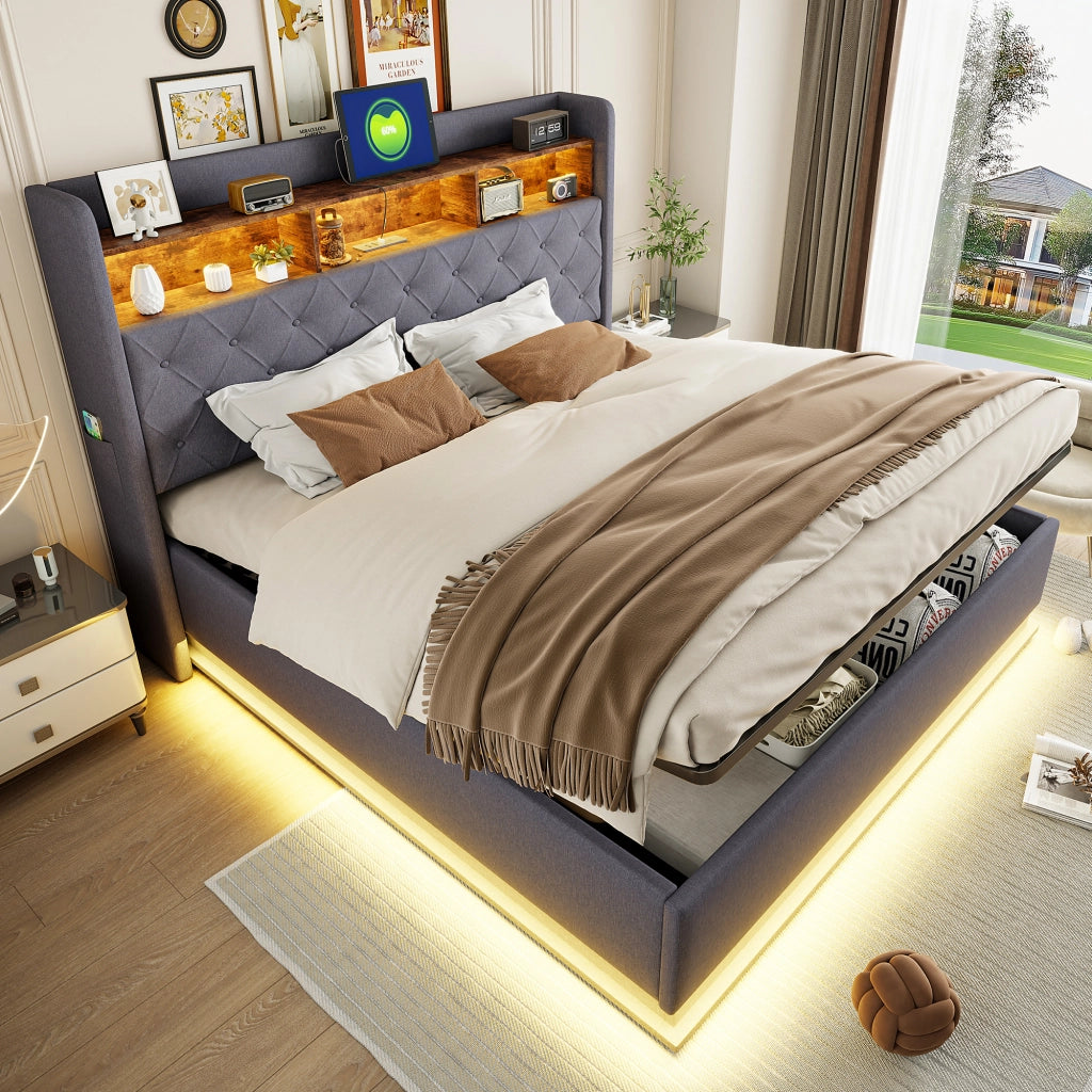 Letti contenitori 180x200 cm con LED multicolore e USB; lino; grigio