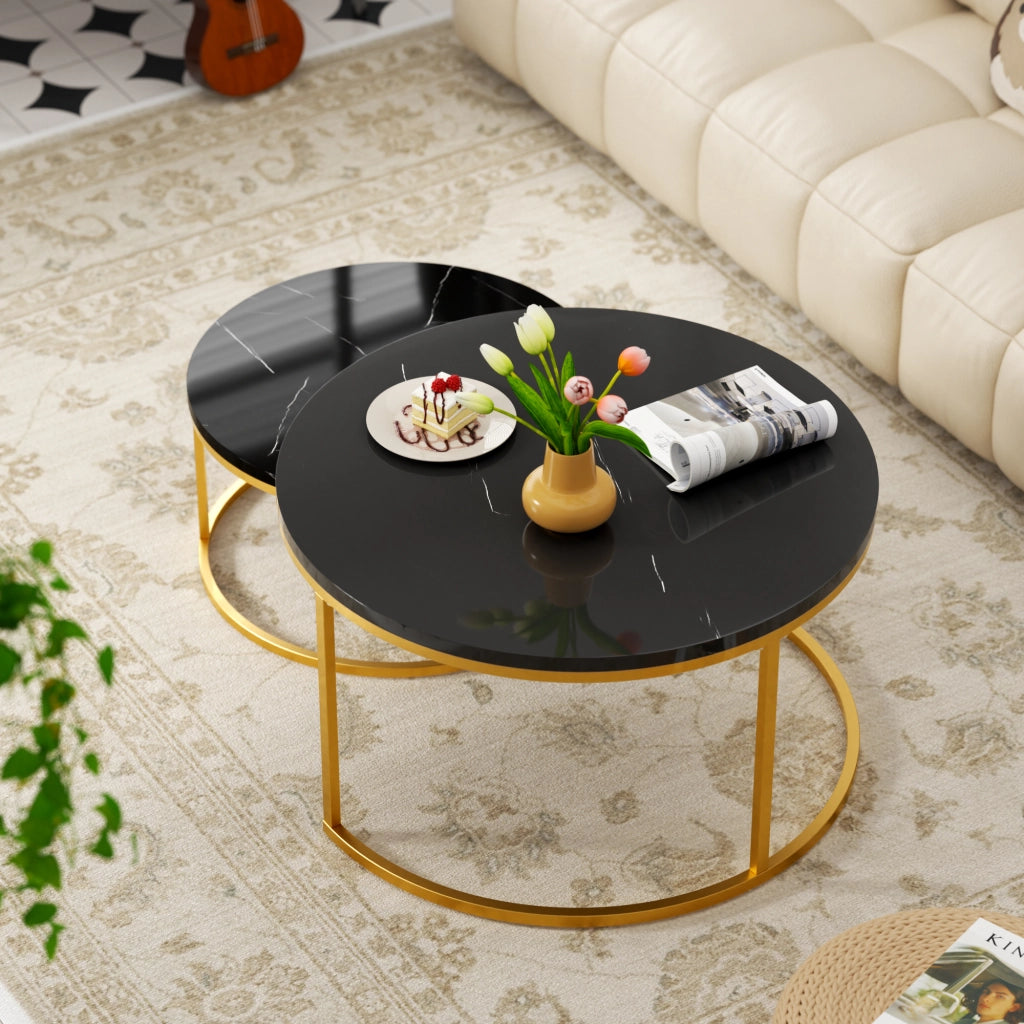 Set di 2 tavolini da salotto impilabili 80x80 cm e 60x60 cm nero e oro effetto marmo