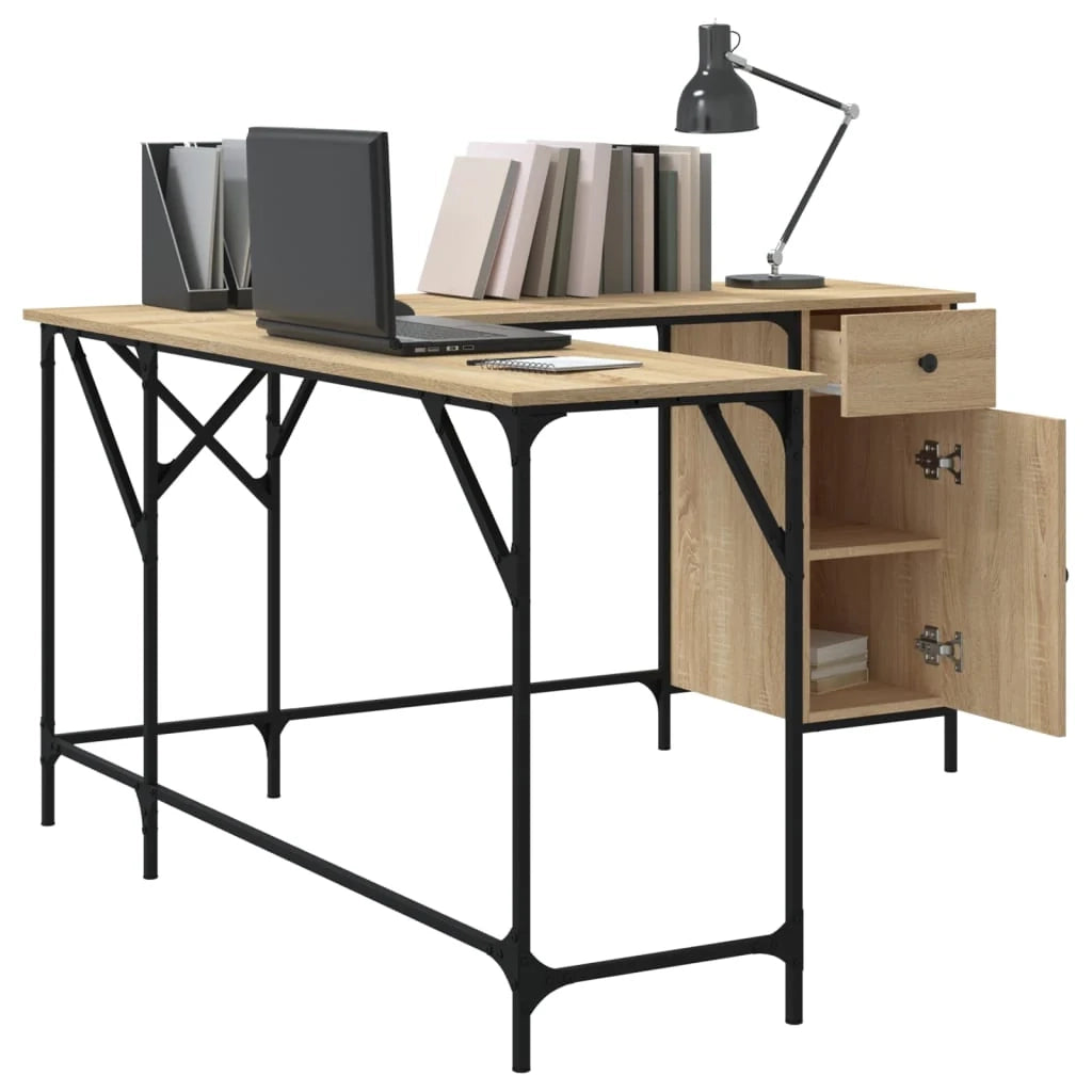 Scrivania tavolo postazione di lavoro mobile per computer studio rovere Sonoma 141 x 141 x 75 cm legno ingegnerizzato marrone 02_0023657