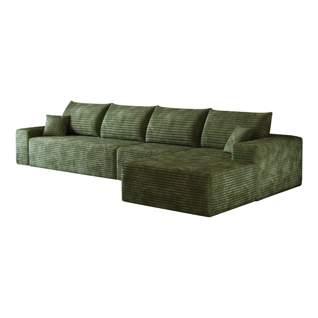 Divano modulare angolare con chaise longue e seduta profonda in tessuto verde
