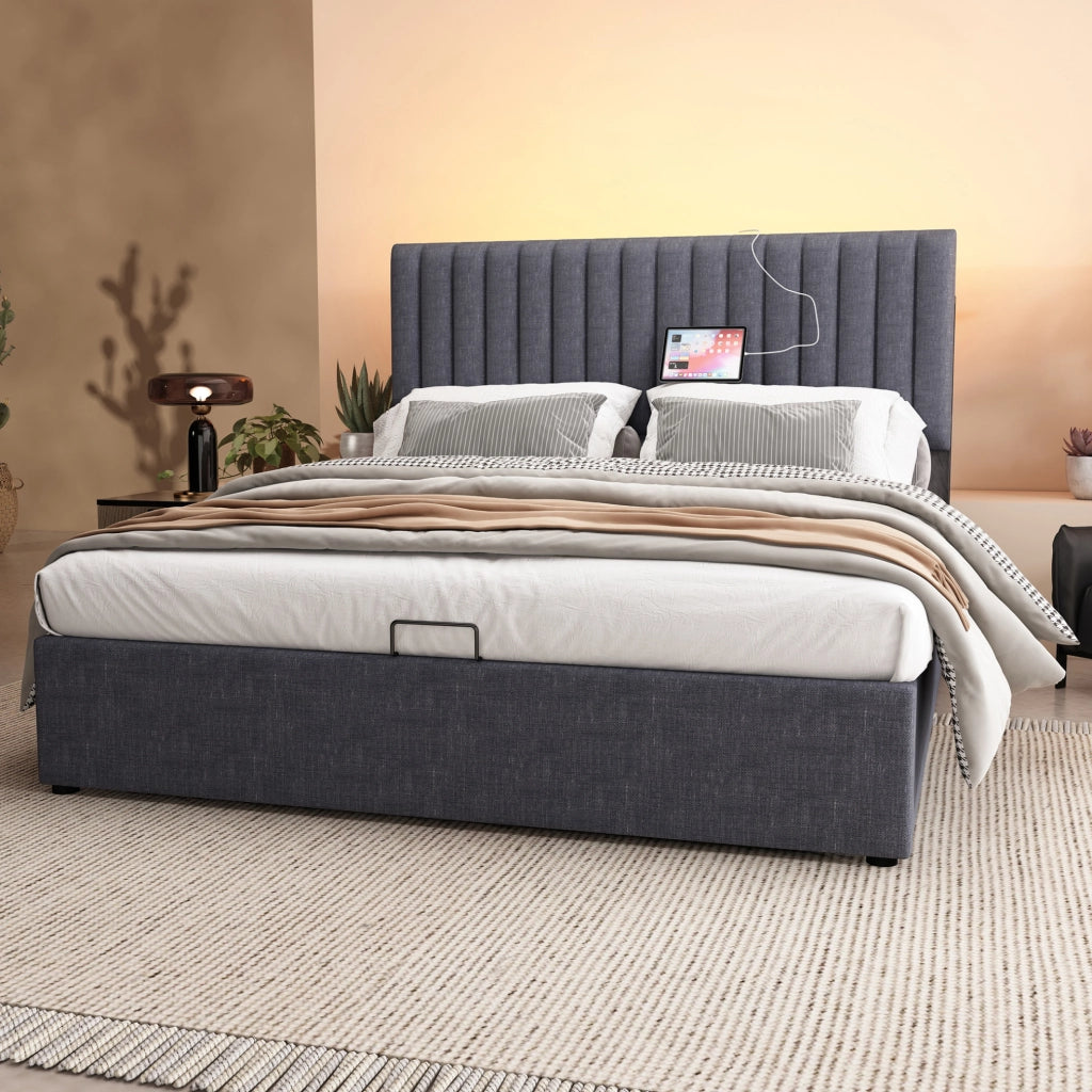 Letto matrimoniale 140x200 cm con contenitore; LED con controllo App; USB e Type C; grigio