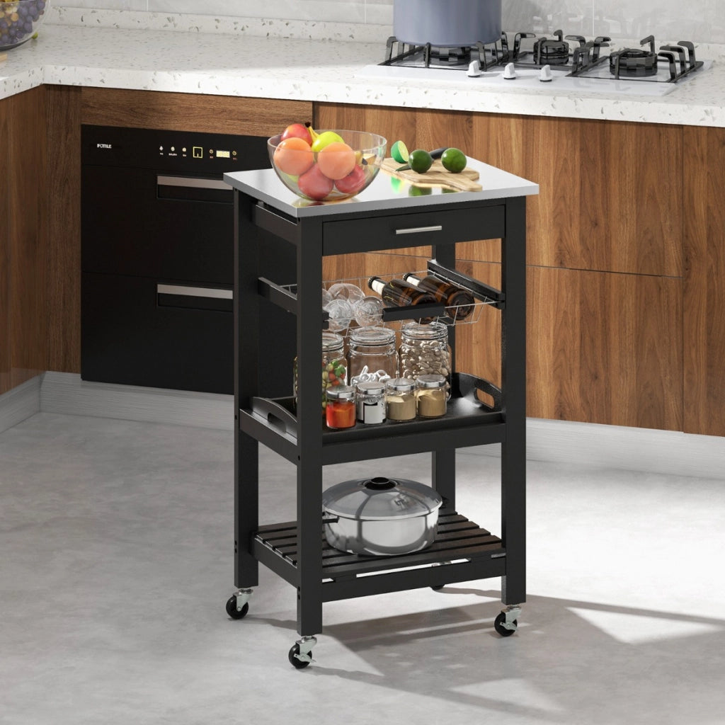 Carrello a 4 livelli con piano in acciaio inox cestino in rete e vassoio rimovibile, Carrello da cucina Isola da cucina Nero