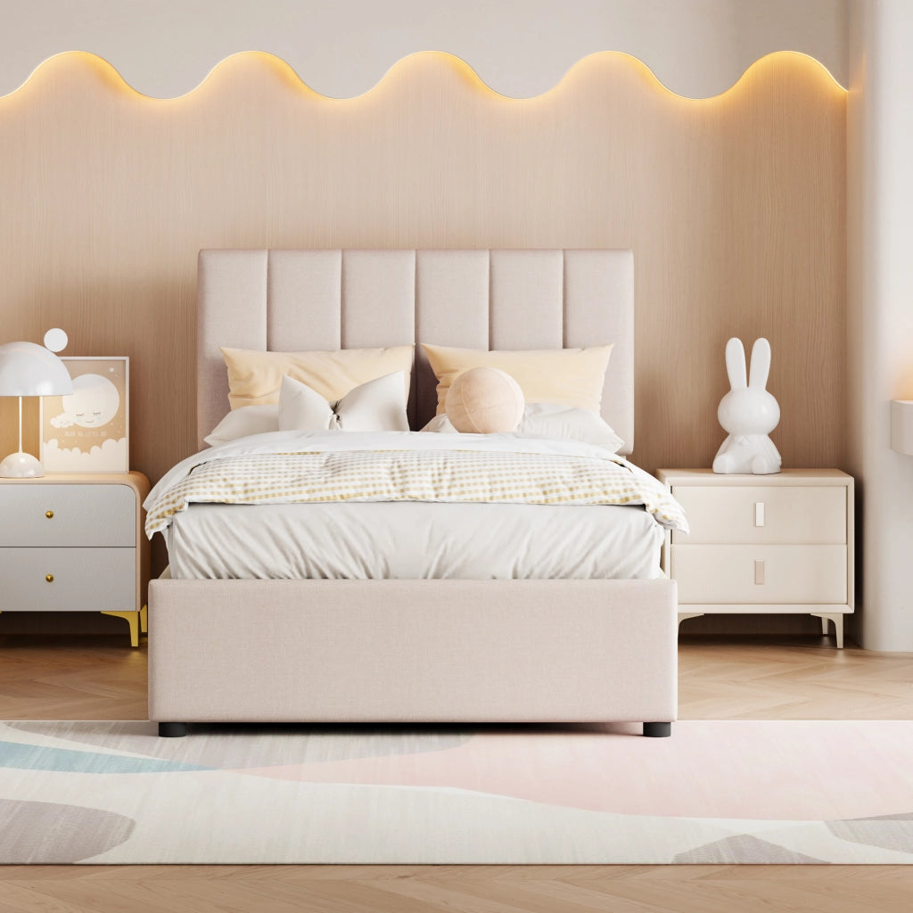 Letto per bambini imbottito con contenitore idraulico e testiera regolabile; lino beige; 90x200 cm; senza materasso