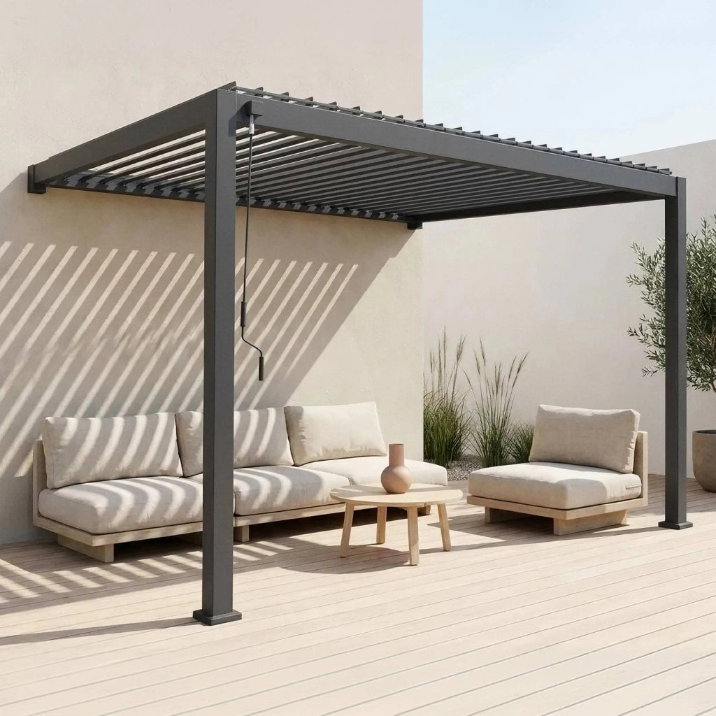 Pergola bioclimatica 3x4m in alluminio addossata, lame orientabili ,