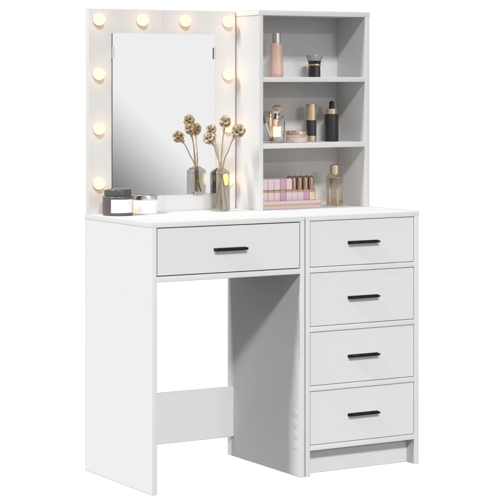 Set di due pezzi per il tavolo da trucco con LED in legno ingegnerizzato bianco