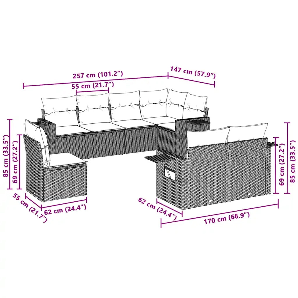 Set Divano da Giardino 8pz con Cuscini Grigio Chiaro Polyrattan