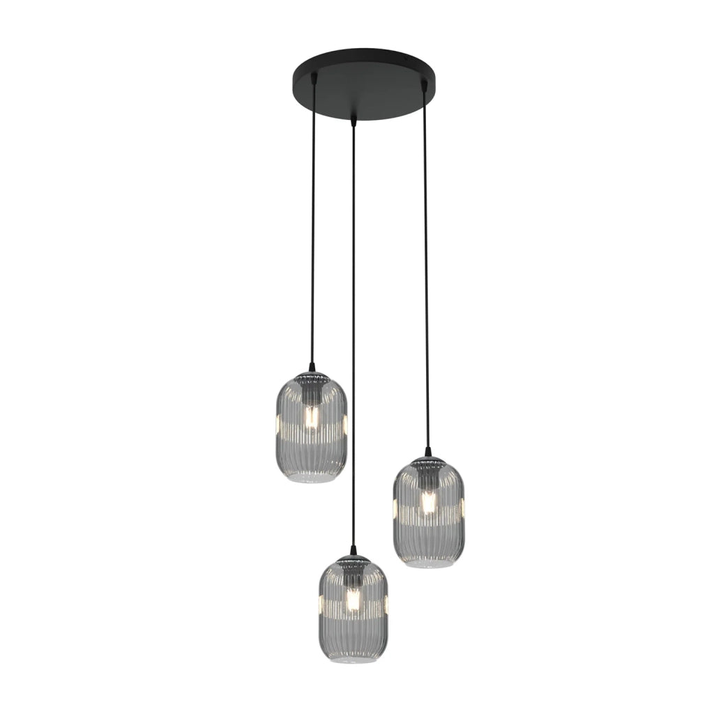 Lampadario 3 Luci Selene Base Tonda In Acciaio Nero E Vetri Plissettati Fumè
