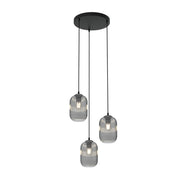 Lampadario 3 Luci Selene Base Tonda In Acciaio Nero E Vetri Plissettati Fumè