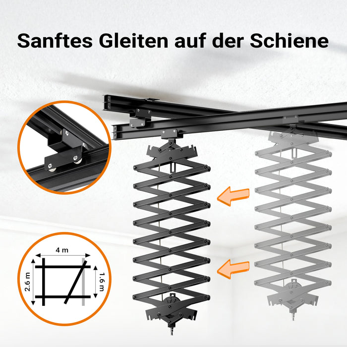 Sistema aereo per studio fotografico - Binari a soffitto 2 x 2,6 m, con 8 staffe e 3 pantografi estensibili in continuo da 40-215 cm fino a 6 kg - Attrezzatura per fotografi e videografi