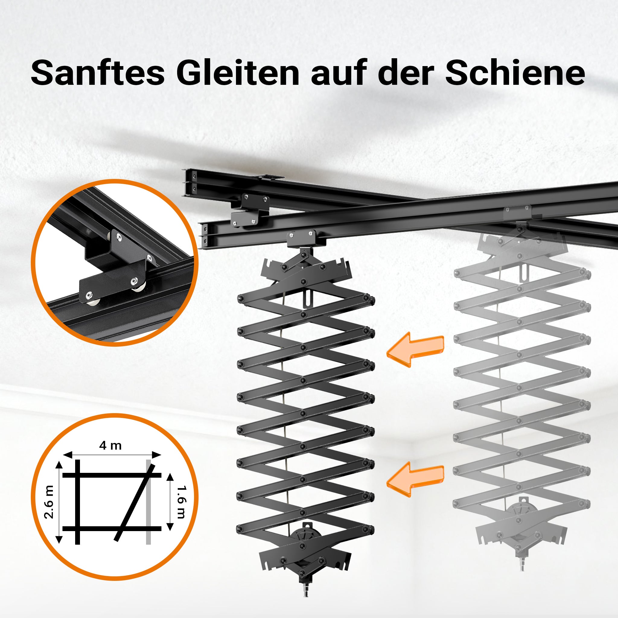 Sistema aereo per studio fotografico - Binari a soffitto 2 x 2,6 m, con 8 staffe e 3 pantografi estensibili in continuo da 40-215 cm fino a 6 kg - Attrezzatura per fotografi e videografi