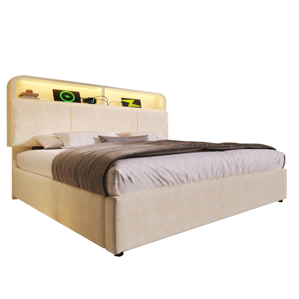 Letto matrimoniale 180x200 cm con contenitore; testiera regolabile; LED e USB/Type-C; beige in velluto
