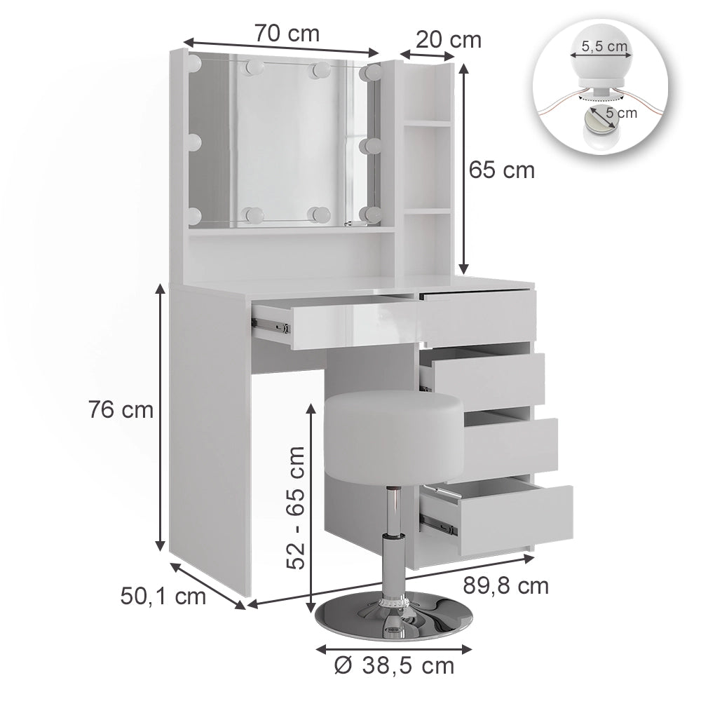 Vicco Tavolo da toeletta Bianco/bianco lucido 89.8 cm 5 parti