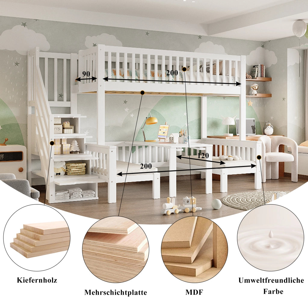 OKWISH Letto a Castello 90×200 cm e 120×200 cm, Letto 3 Posti con Scala Contenitore, Scrivania Ribaltabile e Sponda, senza Materasso, Bianco