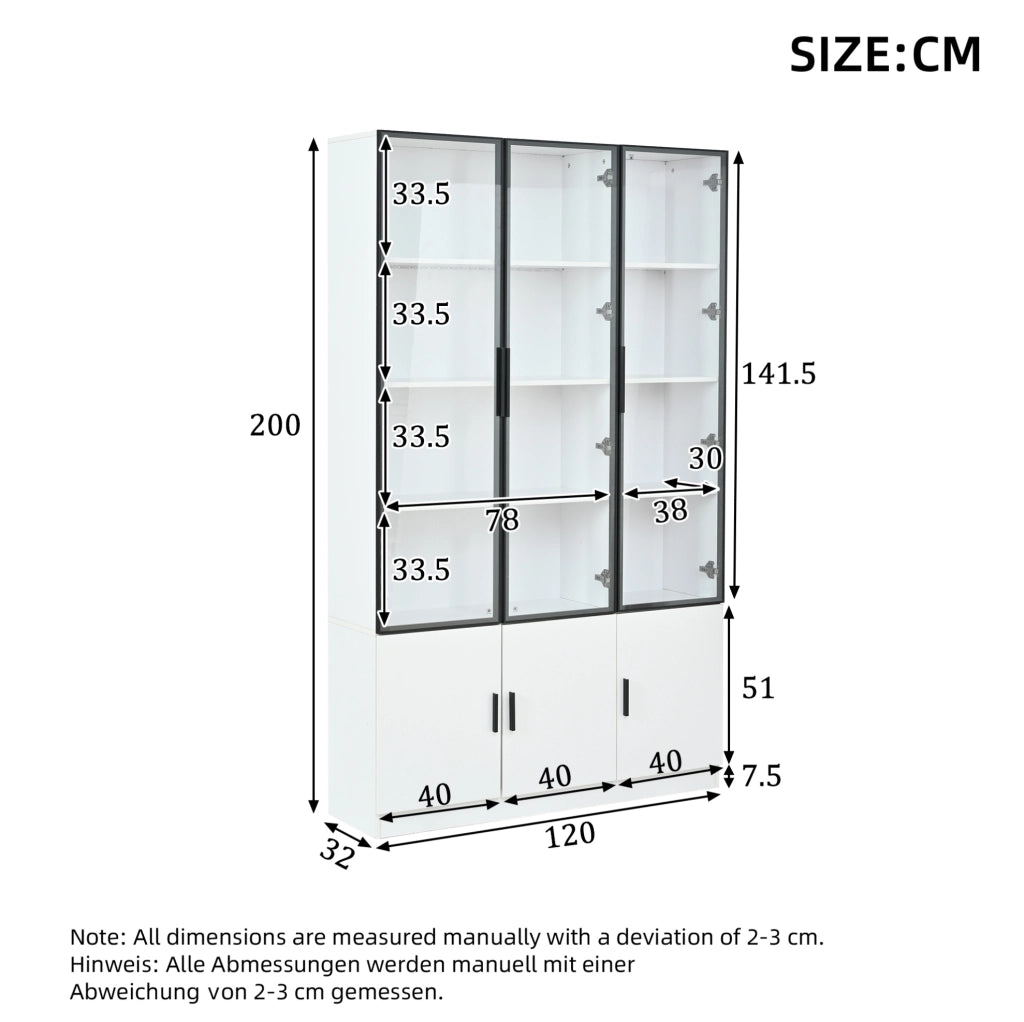 Vetrina alta 120 x 32 x 200 cm con 6 ante in vetro; LED controllato da app; bianco
