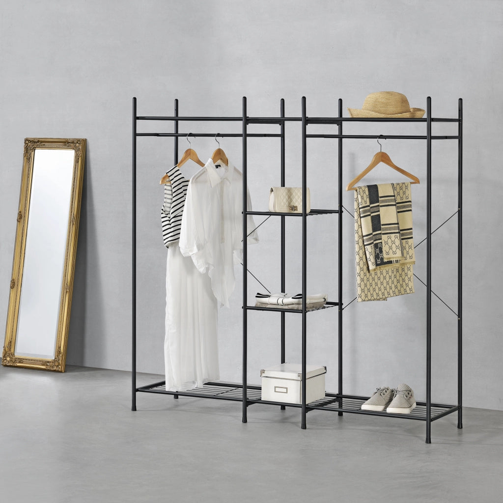 Organizzatore Guardaroba, Scaffalatura con 2 Aste Appendiabiti e 4 Ripiani, Cabina Armadio Senza Ante (AxLaxP) 150 x 150 x 40 cm - Nero, Metallo